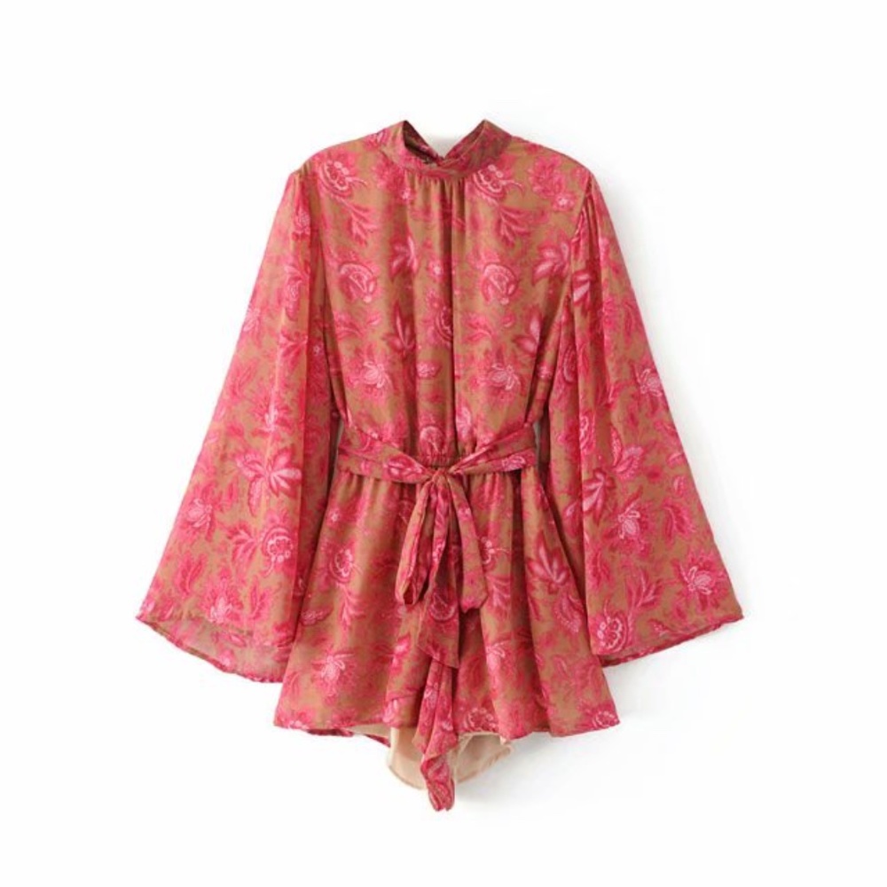 Pink floral print open back tie neck boho romper - Picture 5 of 5